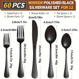 60-Piece Stainless Steel Flatware Set – Black Mirror-Polished Cutlery for Service of 12