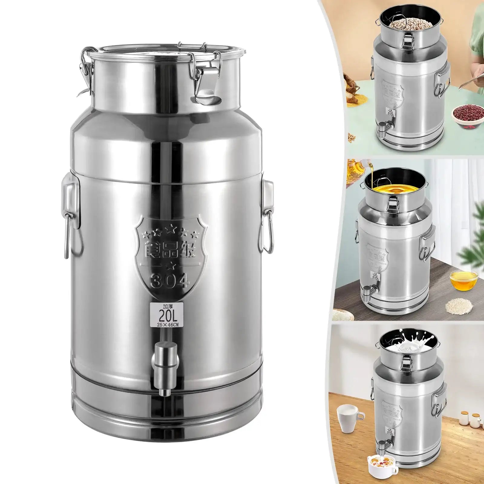 “Stainless Steel Milk Can Transport Barrel with Spigot – 20 L Beverage Dispenser”
