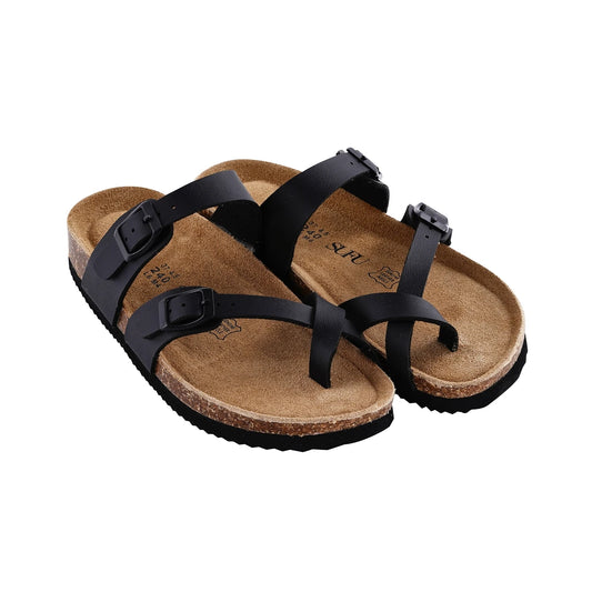 Women’s Summer Cork Sandals 👡 – Classic Leather Buckle Slides, Casual Open-Toe Slippers for Everyday Comfort