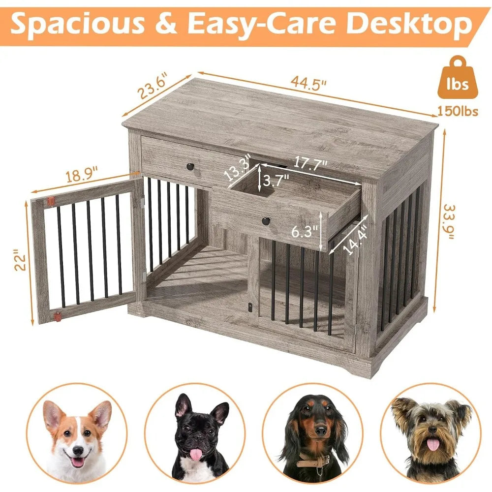 44" Wooden Dog Crate Furniture – Indoor Heavy-Duty Kennel with 2 Storage Drawers for Large Dogs