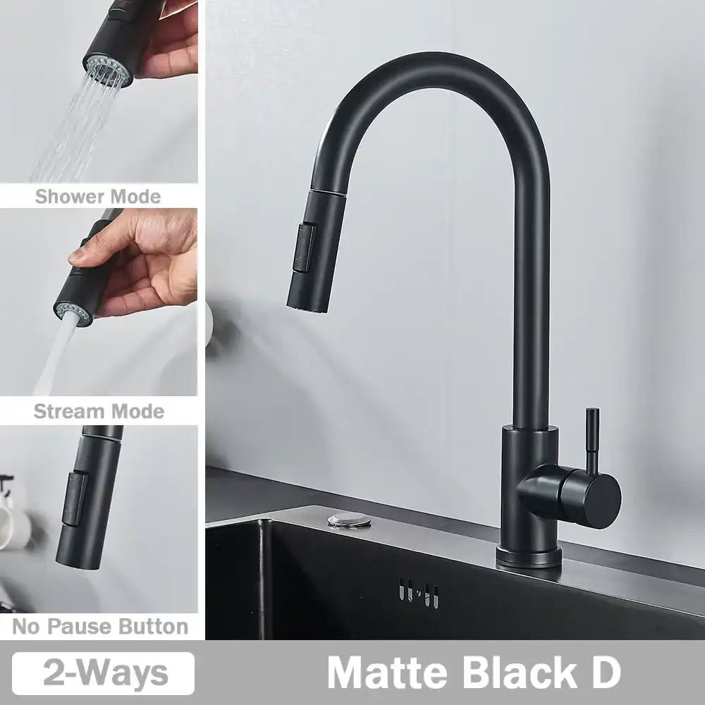 1- Product Title: Matte Black Pull-Out Kitchen Faucet – Deck Mounted Mixer Tap with Stream & Shower Modes