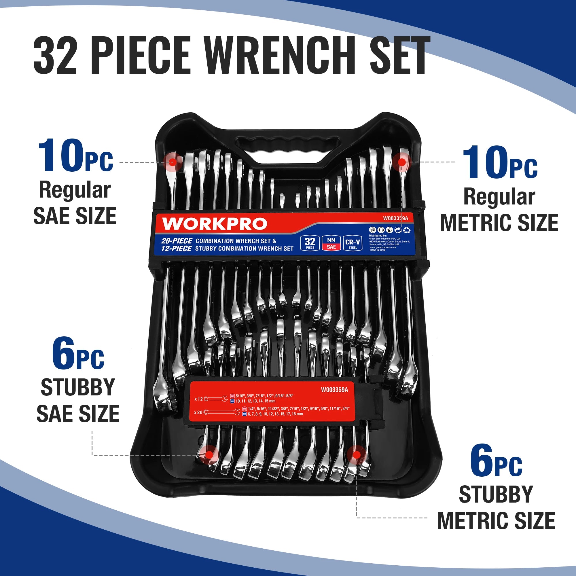 WORKPRO 32-Piece SAE & Metric Combination Wrench Set – Standard + Stubby Wrenches with Organizer Tray