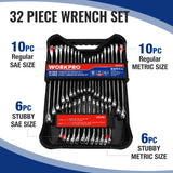WORKPRO 32-Piece SAE & Metric Combination Wrench Set – Standard + Stubby Wrenches with Organizer Tray