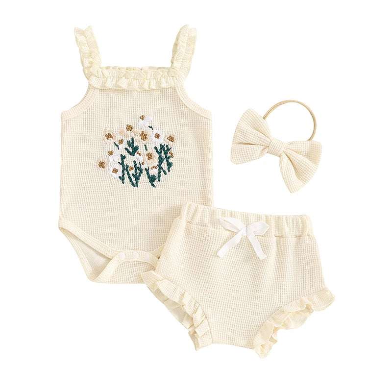 Waffle-Flower Embroidered Sleeveless Romper Set for Baby Girls – Shorts & Headband Included
