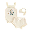 Waffle-Flower Embroidered Sleeveless Romper Set for Baby Girls – Shorts & Headband Included