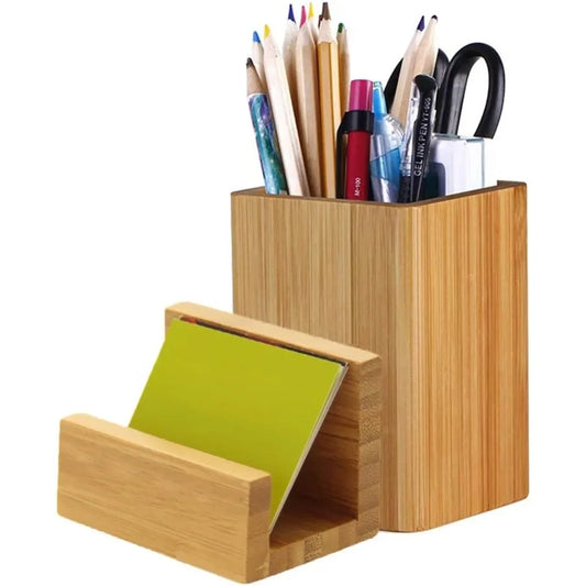 Bamboo Wooden Pen Holder & Desk Organizer – Business Card Holder Stand for Office, Home & School
