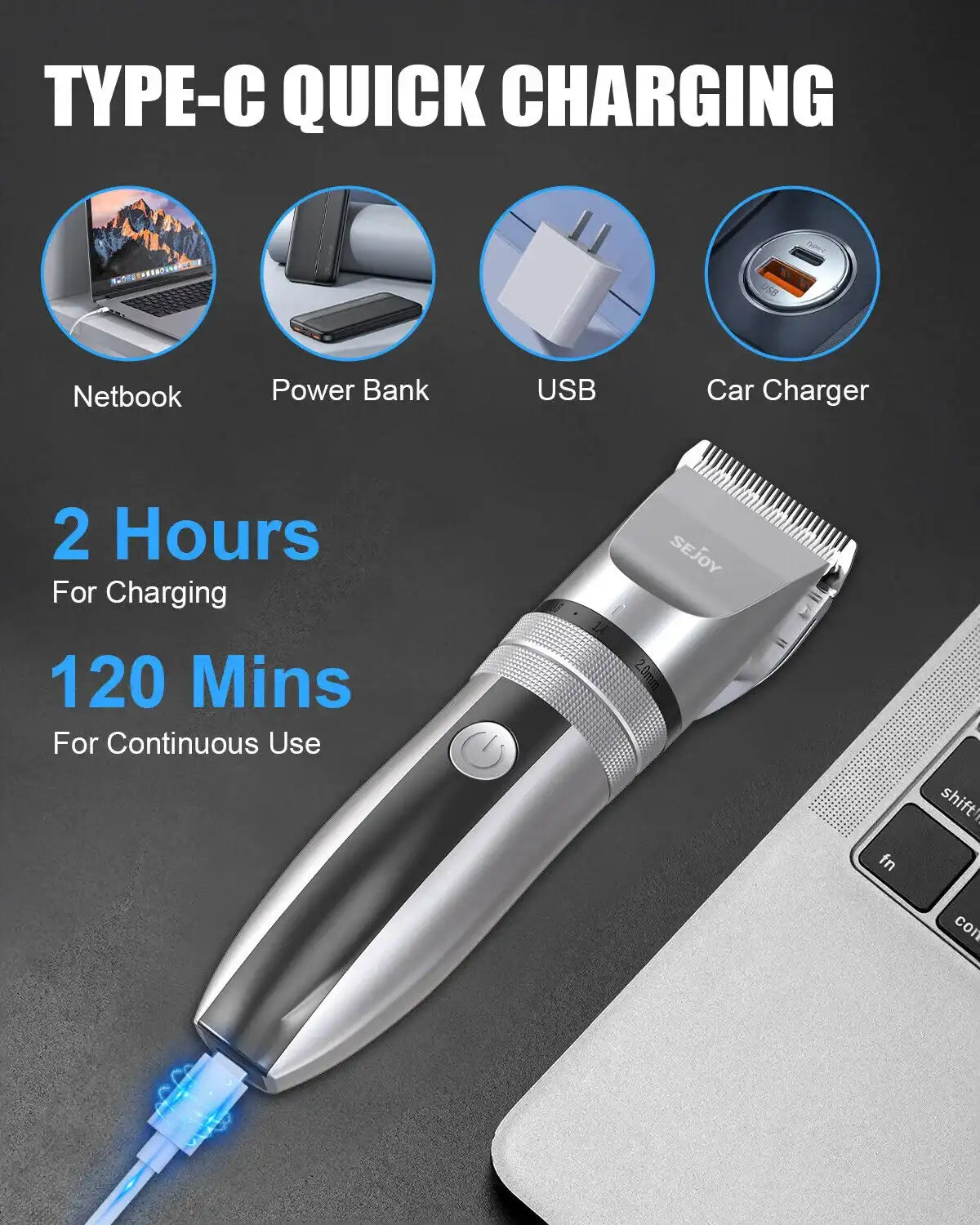 Sejoy Professional Electric Hair Trimmer – Cordless Men’s Hair Clipper & Beard Trimmer with Stainless Steel Blades & Quiet Motor