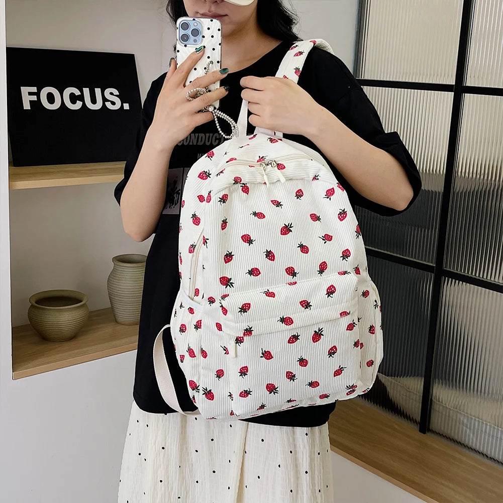 Corduroy Strawberry Graphic Backpack – Casual Large Capacity Travel Daypack