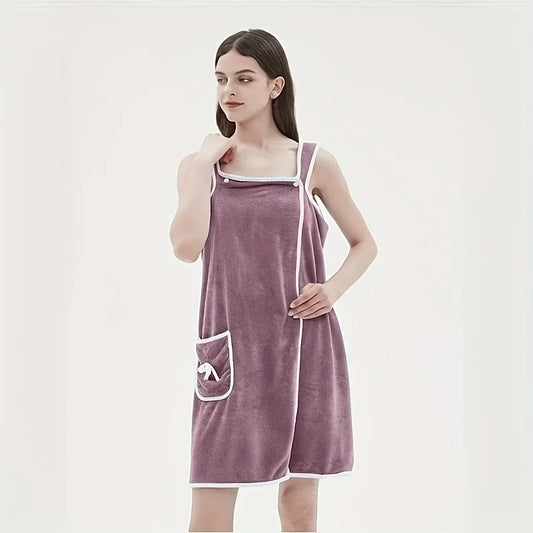 Wearable Coral Velvet Bath Towel – Soft Quick-Dry Bath Dress with Pockets & Bow Design | Absorbent Spa Robe for Women