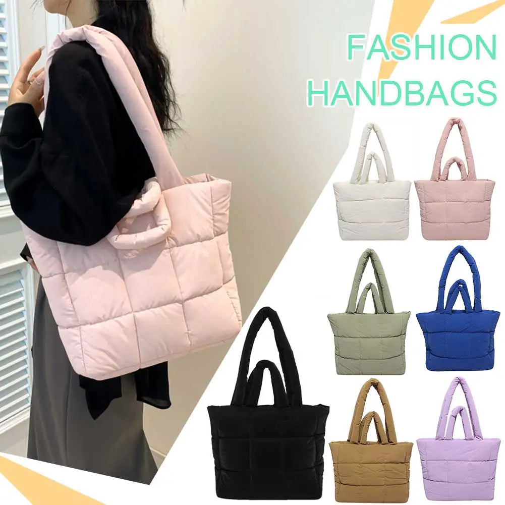 Women’s puffer tote bag – lightweight quilted padded shoulder handbag, solid-color fashion tote purse for outdoor travel, shopping & daily use