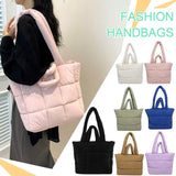 Women’s puffer tote bag – lightweight quilted padded shoulder handbag, solid-color fashion tote purse for outdoor travel, shopping & daily use