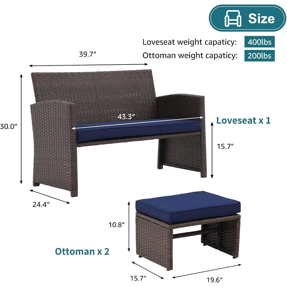 3-Piece All-Weather Wicker Outdoor Loveseat Set with Ottoman & Side Table