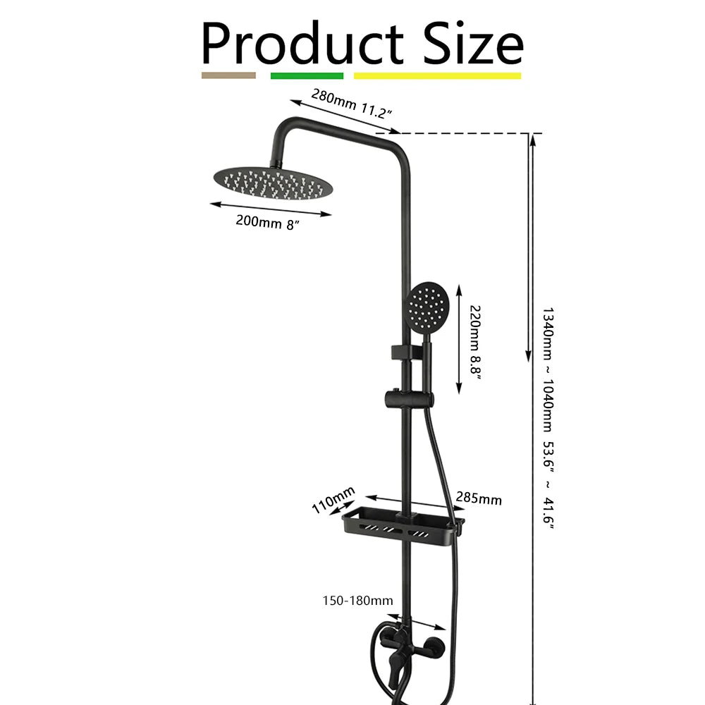 Zappo Matte Black 8-Inch Rainfall Shower Set – Wall-Mounted 3/4-Function System with ABS Shelf
