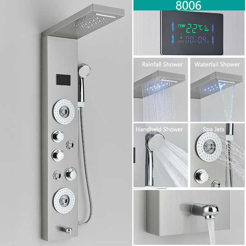 LED Light Rainfall Shower Panel System – Thermostatic Mixer Tap with Massage Jets & Digital Temperature Screen