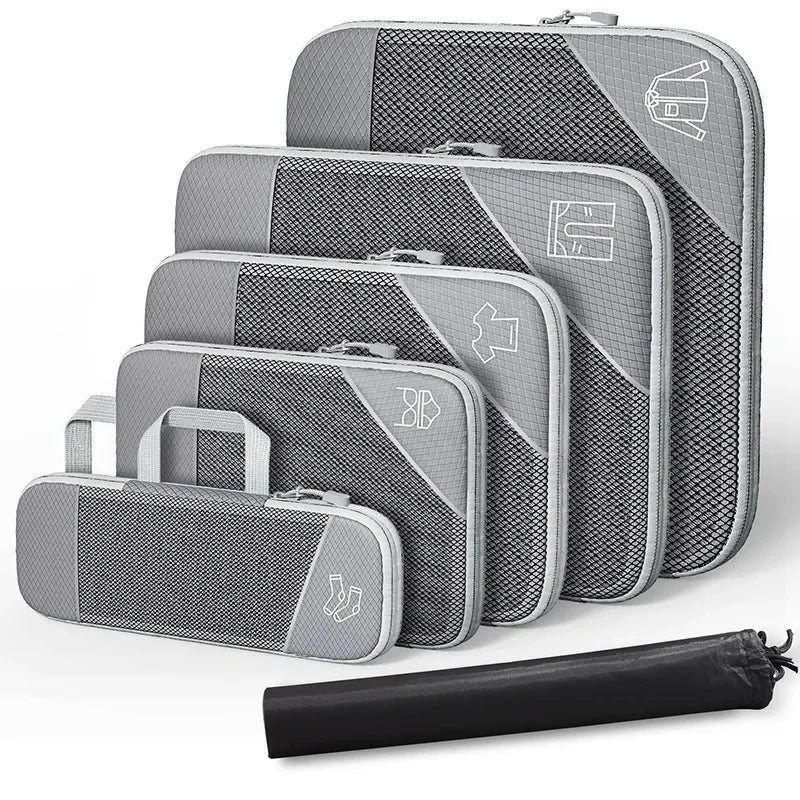 3-6 pcs Compressed Packing Cubes Travel Storage Organizer Set with Shoe Bag & Mesh Visual Luggage Set
