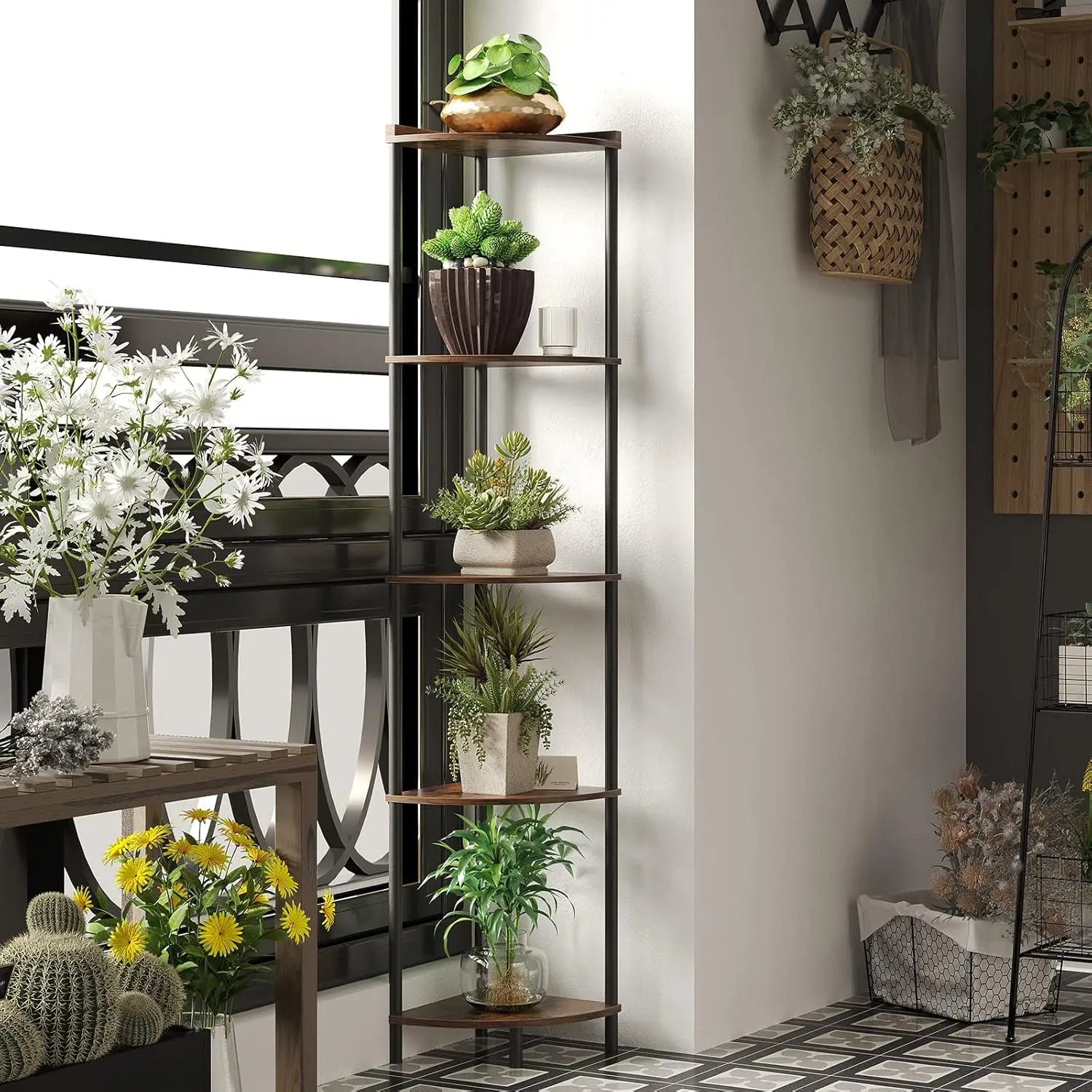 5-Tier Corner Shelf Stand – Tall Space-Saving Organizer for Bedroom, Bathroom & Plant Display 🌿