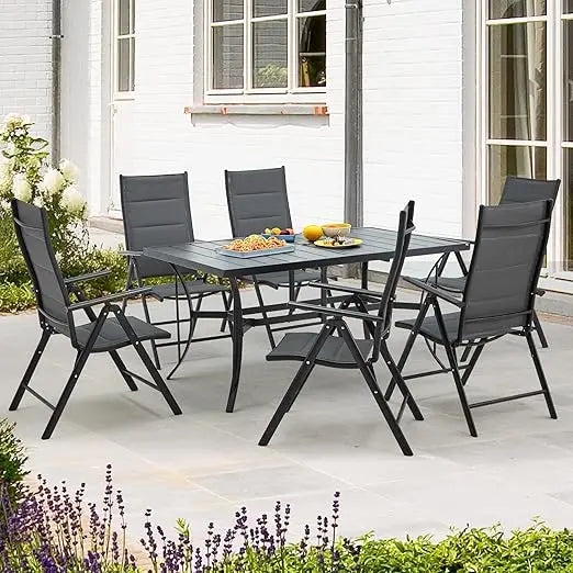 “7-Piece All-Weather Rattan Patio Dining Set – 60” Wood-Top Table with Umbrella Hole & 6 Cushioned Chairs for Outdoor Garden & Backyard”