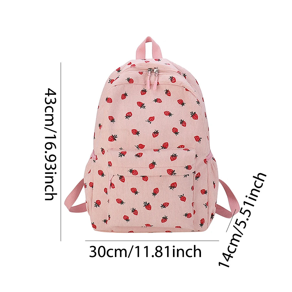 Corduroy Strawberry Graphic Backpack – Casual Large Capacity Travel Daypack