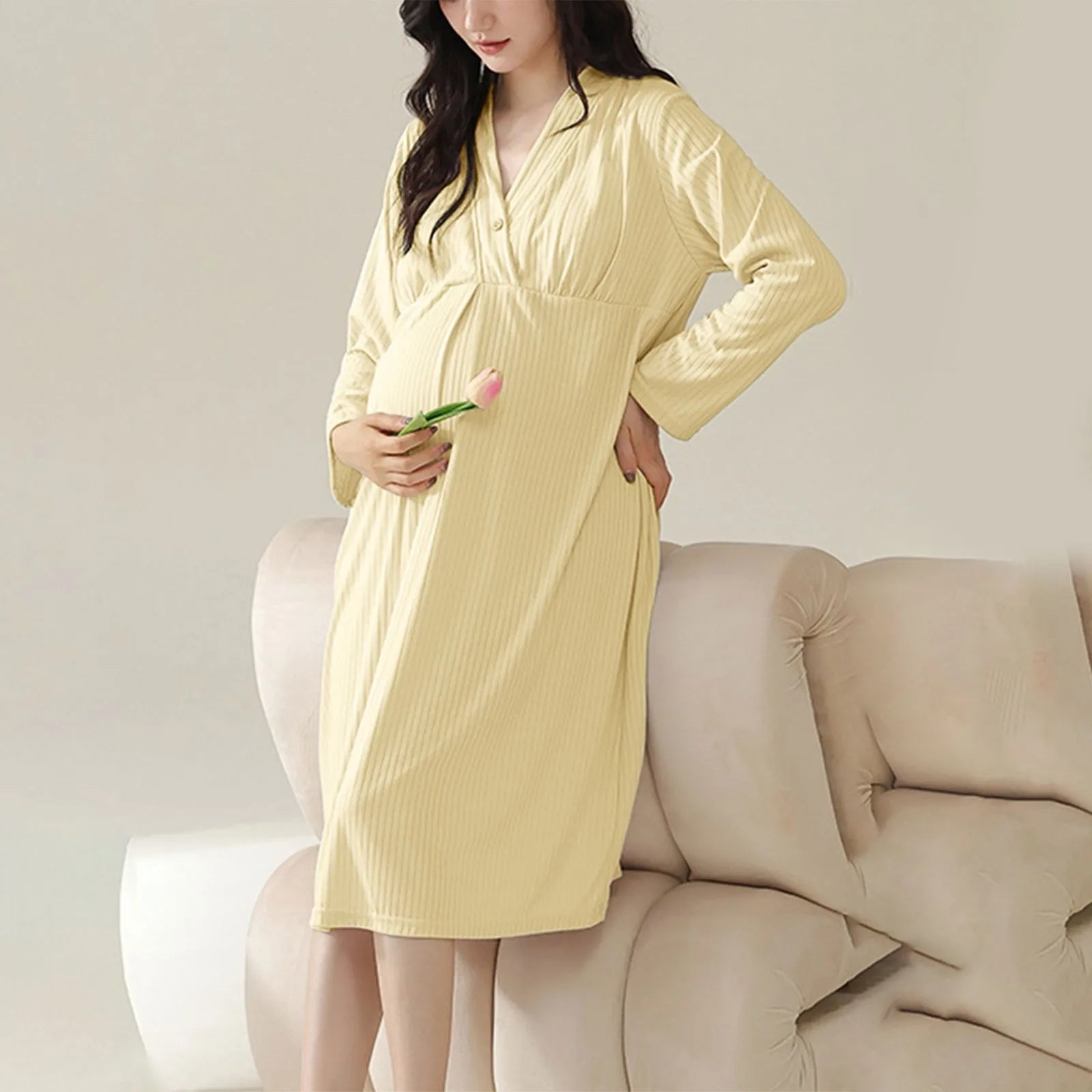 Women’s Maternity Gender Reveal Dress – Summer Nursing Nightdress with Thin Belt & Built-In Breast Pads