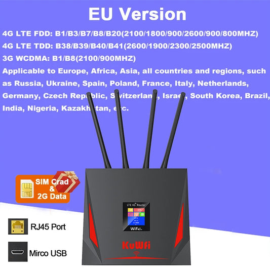 KuWFi 4G LTE Router CAT4 – 300Mbps WiFi Router & Modem with SIM Card Slot, RJ45 WAN/LAN & External Antenna (Supports 10 Users)