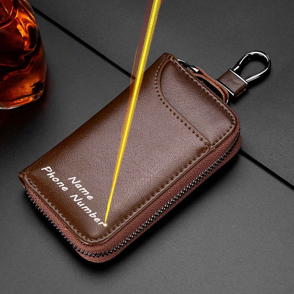 Personalized Leather Keychain Holder – Custom Name & Phone Number Car Key Case and Multifunction Pouch