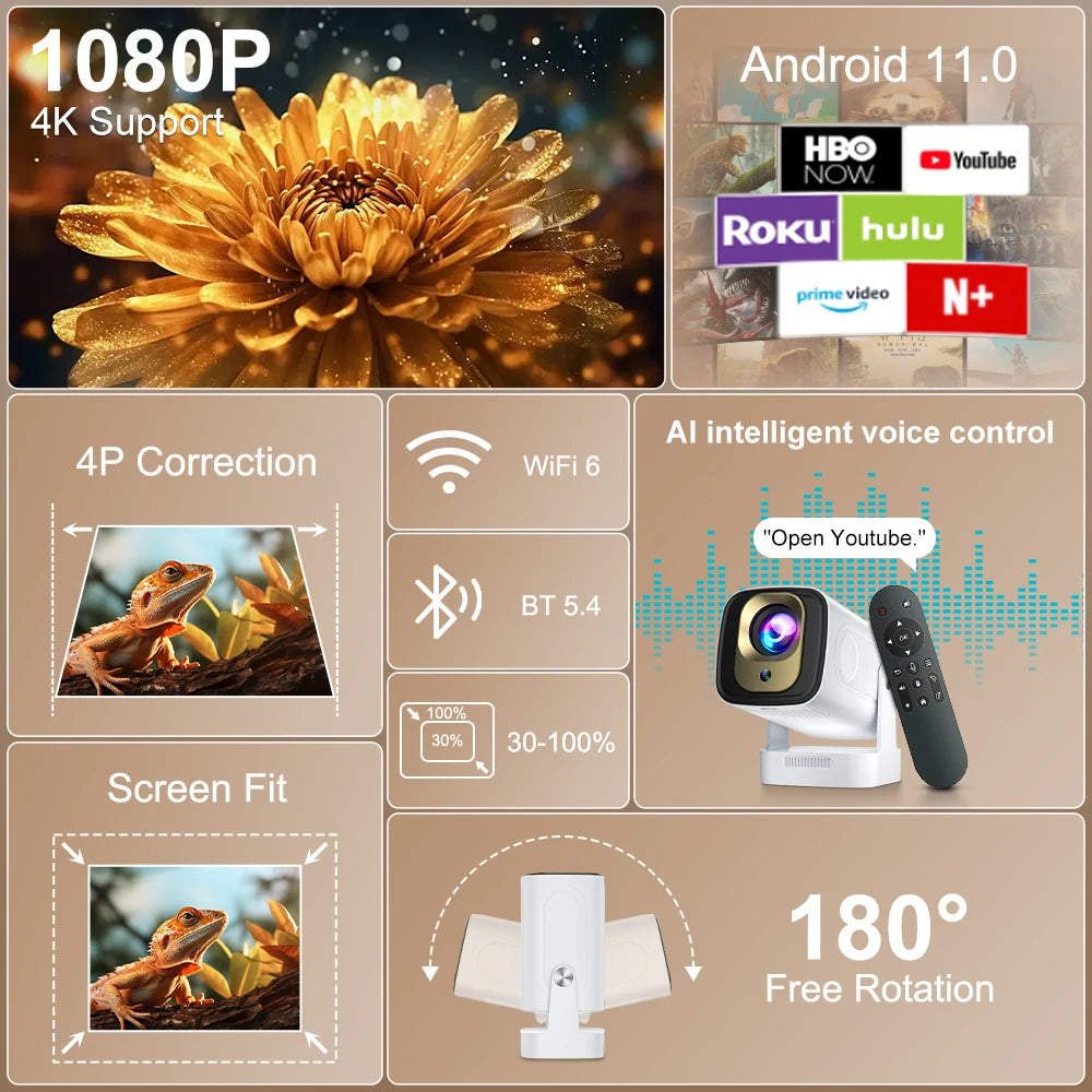 Salange HY260 Pro Mini Projector – Native 1080p, 330 ANSI, Auto-Focus & Keystone, Android 11, Wi-Fi 6, Voice Mouse Remote