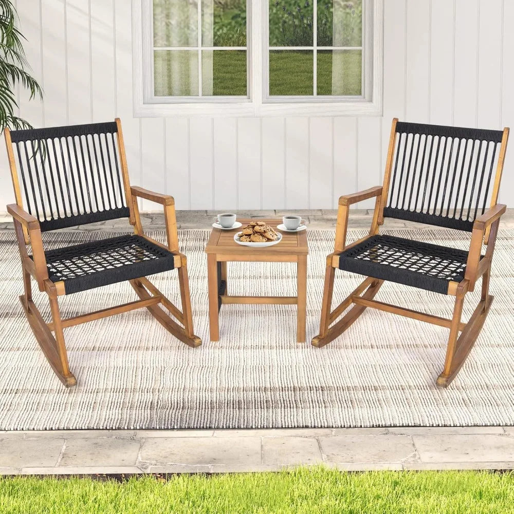 Acacia Wood Rocking Bistro Set – 3-Piece Outdoor Patio Conversation Set with Coffee Table | All-Weather Wooden Rocking Chairs