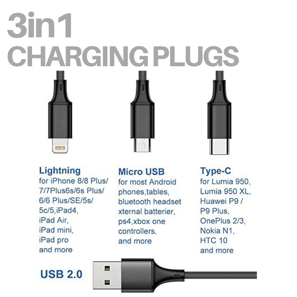 Universal 3-in-1 Fast USB Charging Cable – Multi-Function Cell Phone Charger Cord with Lightning, USB-C & Micro USB Connectors