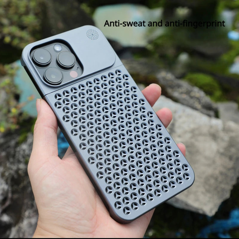 Aluminum Alloy Cooling Hollow Metal Case – Aromatherapy Shockproof Rimless Cover for iPhone 12/13/14/15 Pro Max & Plus