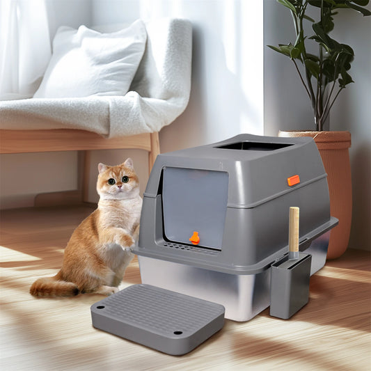 Enclosed Stainless Steel Cat Litter Box with Lid, Extra-Large Metal Tray & High Walls for Big Cats