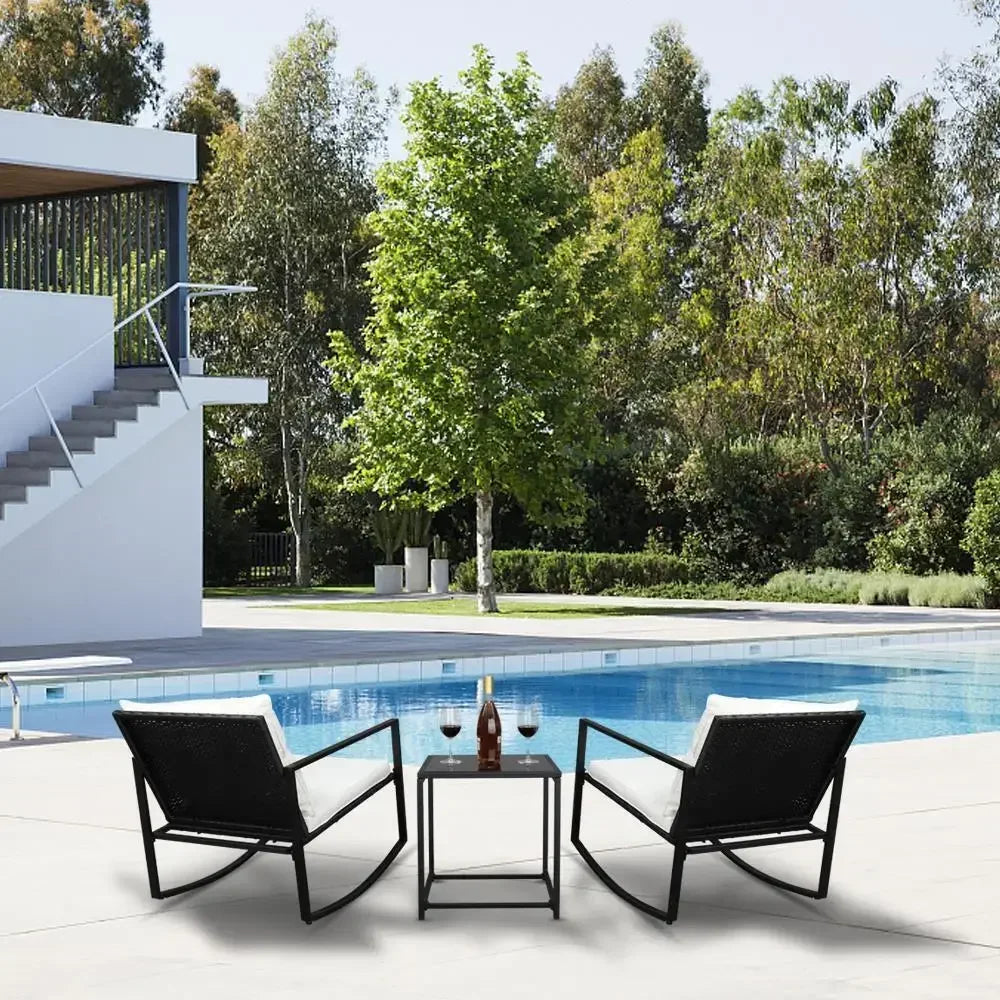 “3-Piece Outdoor Wicker Rocking Chair Set with Cushions & Side Table – Rattan Patio Furniture for Porch & Garden”