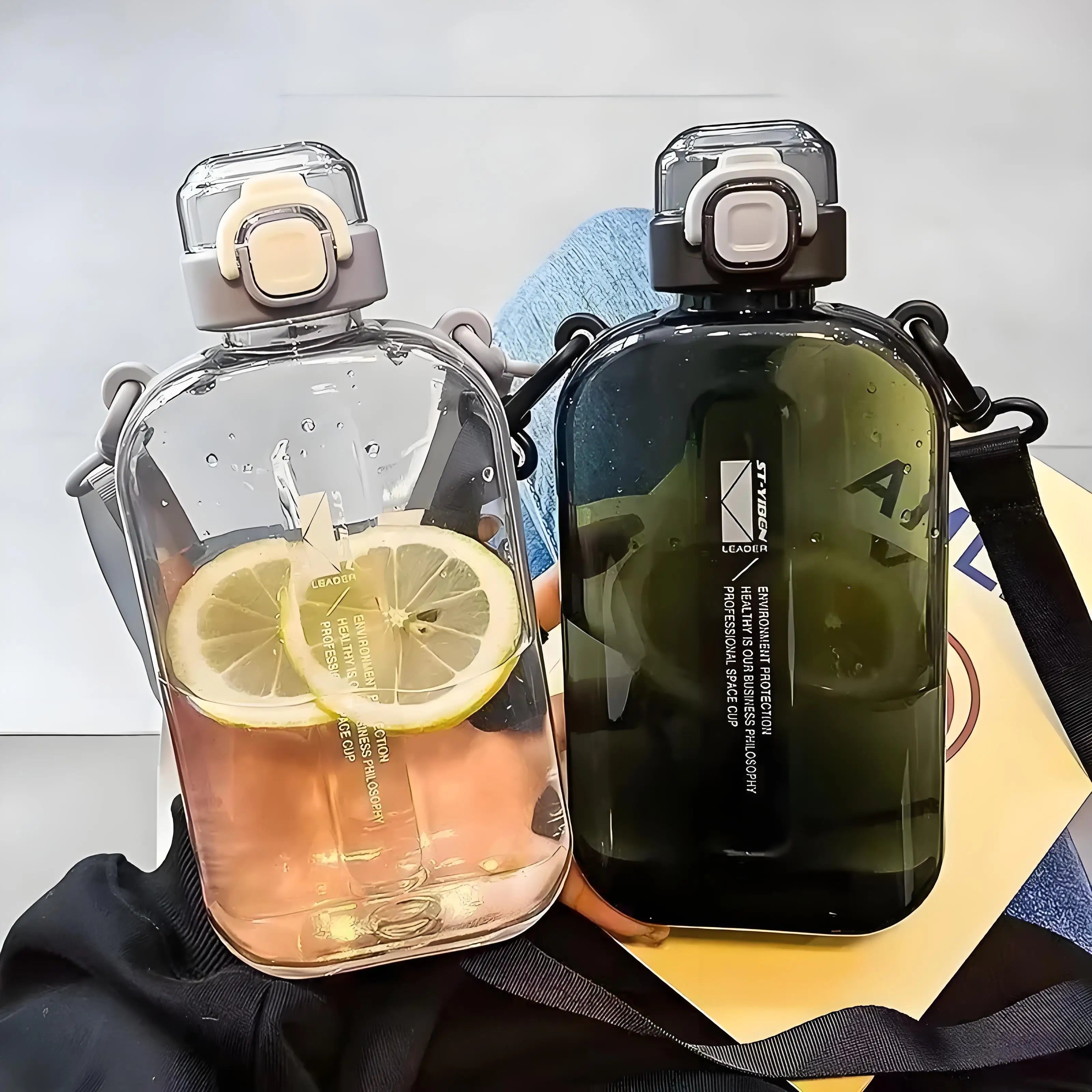Flat Square Transparent Water Bottle with Adjustable Strap – Slim Travel Canteen for Sport & Camping