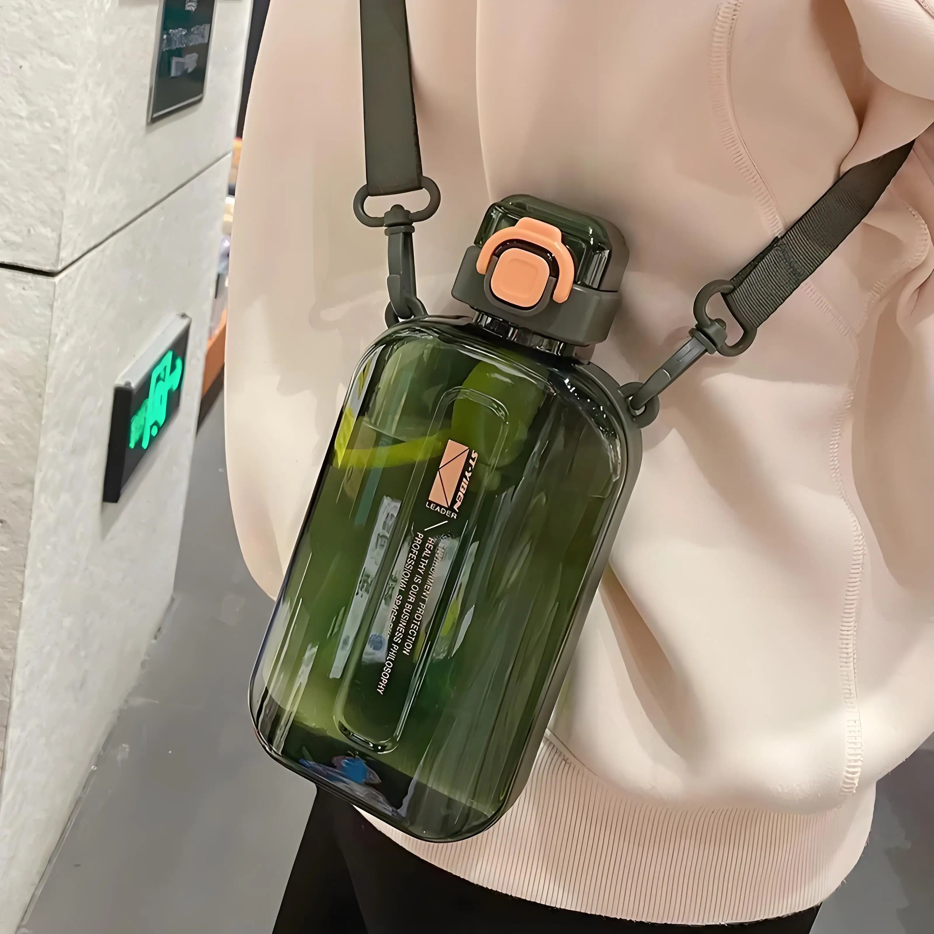 Flat Square Transparent Water Bottle with Adjustable Strap – Slim Travel Canteen for Sport & Camping