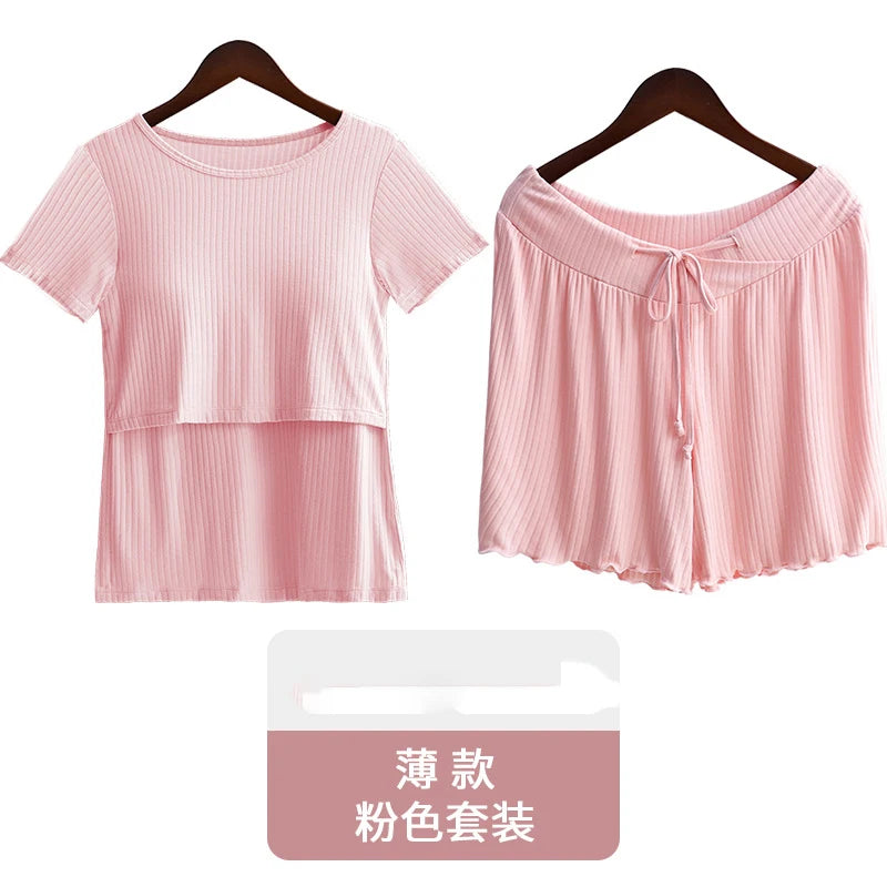 Women’s Cotton Maternity Pajama Set – Short Sleeve Summer Breastfeeding Clothes, Postpartum Homewear for Moms