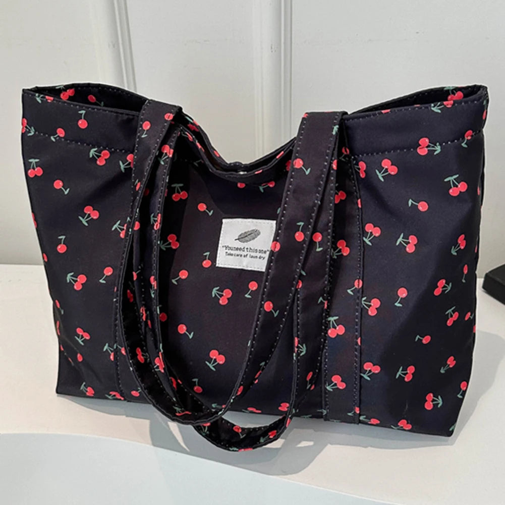 Cherry & Strawberry Print Large Capacity Canvas Tote – Nylon Top-Handle Shoulder Bag