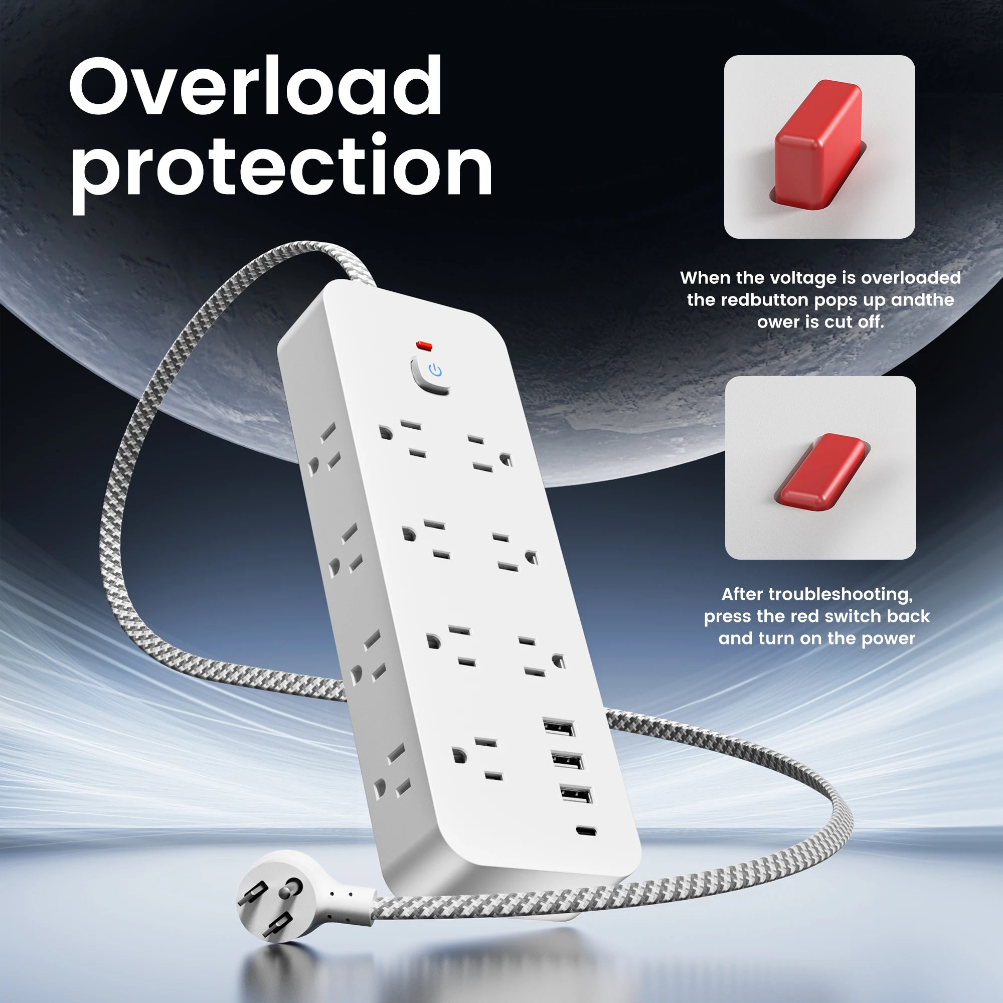 18-in-1 Multitap Power Strip – US Plug Extension with AC Outlets, USB & Type-C Ports, 4FT Braided Cord, Smart Home Electrical Socket