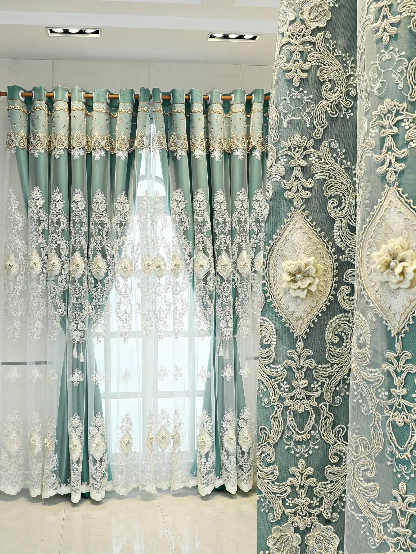 Vintage-Style Embroidered Dual-Layer Curtains – 3D Relief Pattern Window Drapes (Single Panel)