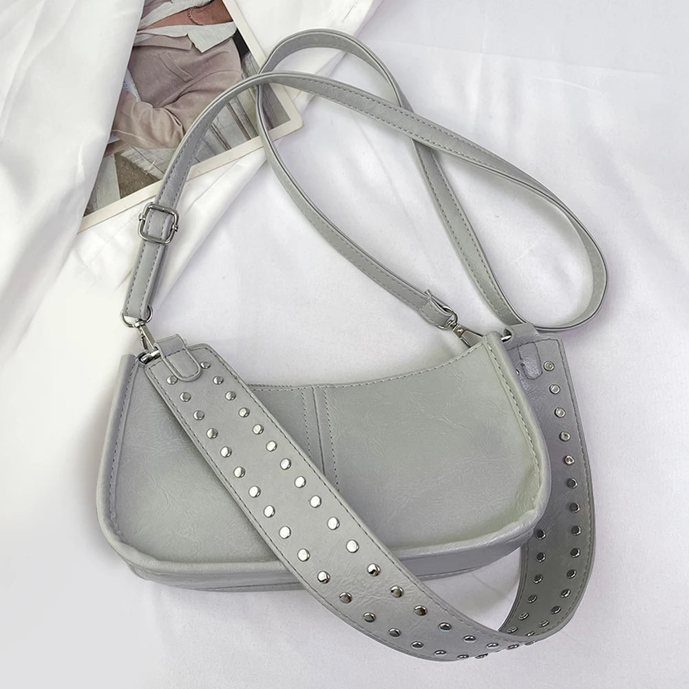 Studded Decor Under-Arm Satchel Bag – Adjustable Strap PU Leather Daily Shoulder Bag for Women
