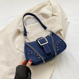 Women’s Vintage Rivet Y2K Under-Arm Canvas Satchel – Trendy Armpit Bag with Zipper Closure