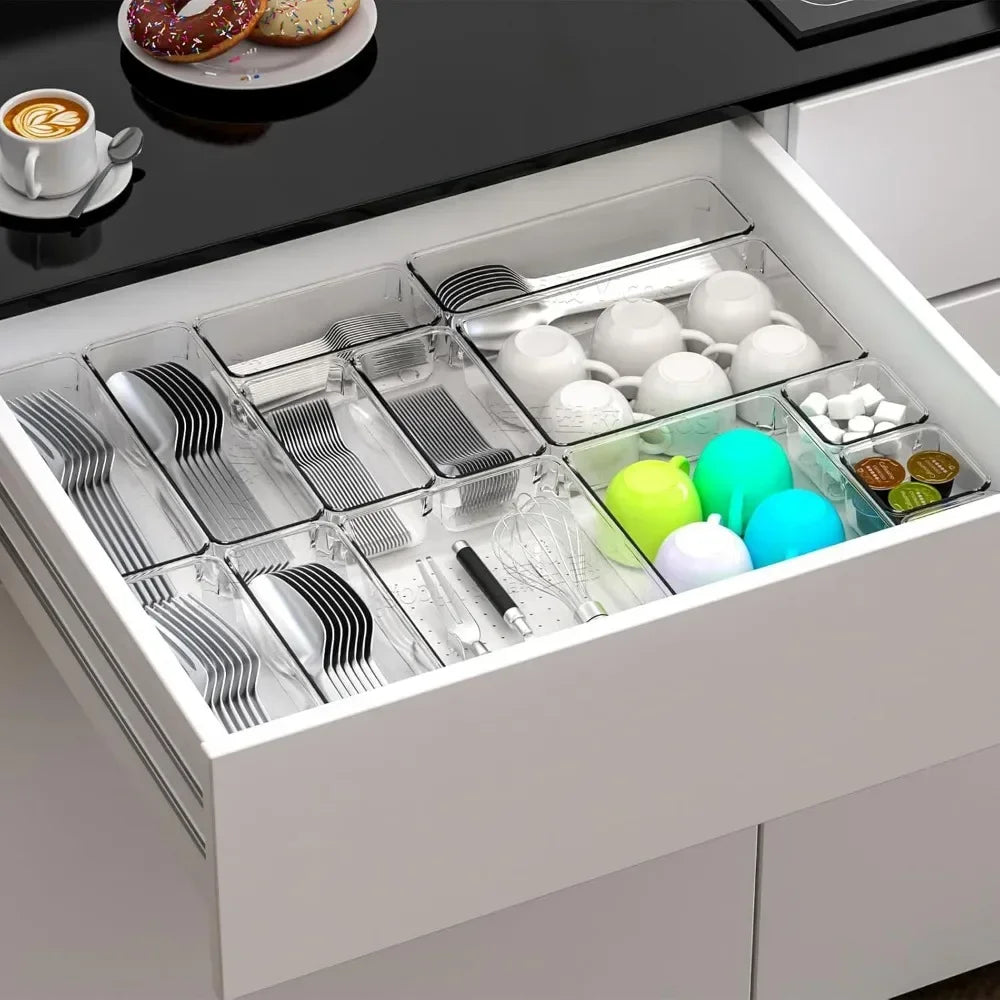 60-Piece Clear Plastic Drawer Organizer Tray Set – Multi-Size Storage Bins for Bathroom, Office & Cabinet