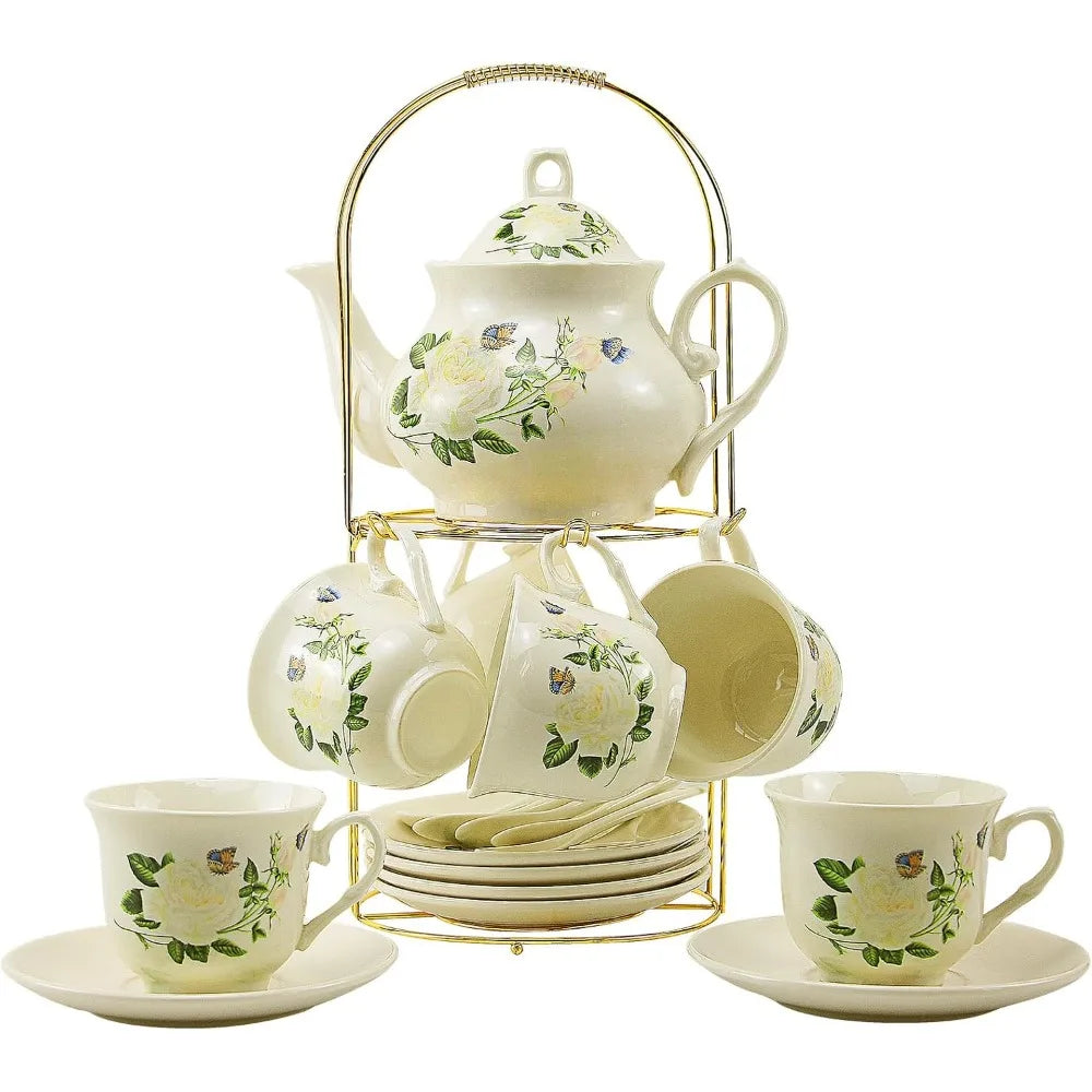 20-Piece Luxury Bone China Tea & Coffee Set with Gold Metal Rack – Elegant Gift & Home Party Ensemble