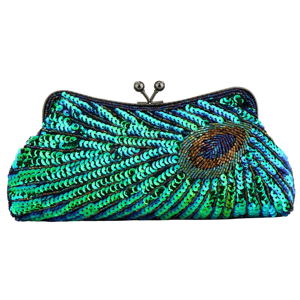 Luxury Peacock Beaded Sequin Evening Clutch – Elegant Diamond Shoulder Bag for Weddings, Parties & Special Events (2025 Edition)