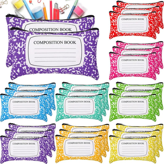 24-Piece Composition Canvas Pencil Pouches – Zippered Pen & Pencil Case Bulk Set