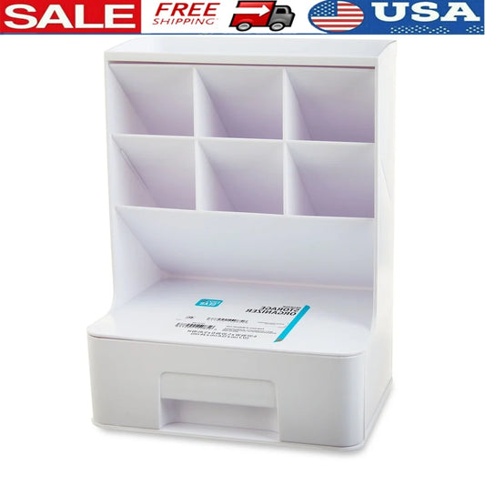 White Tall Plastic Desktop Organizer with Drawer – Space-Saving Storage for Office & School