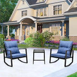 “3-Piece Patio Bistro Set – Outdoor Rocking Chairs with Blue Cushions & Glass-Top Table for Garden, Yard & Poolside”