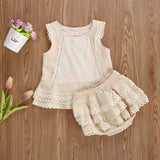 Lioraitiin Baby Girl Summer Outfit – Sleeveless Lace Patchwork Solid Top with Matching Shorts 2-Piece Clothing Set (0–4Y)