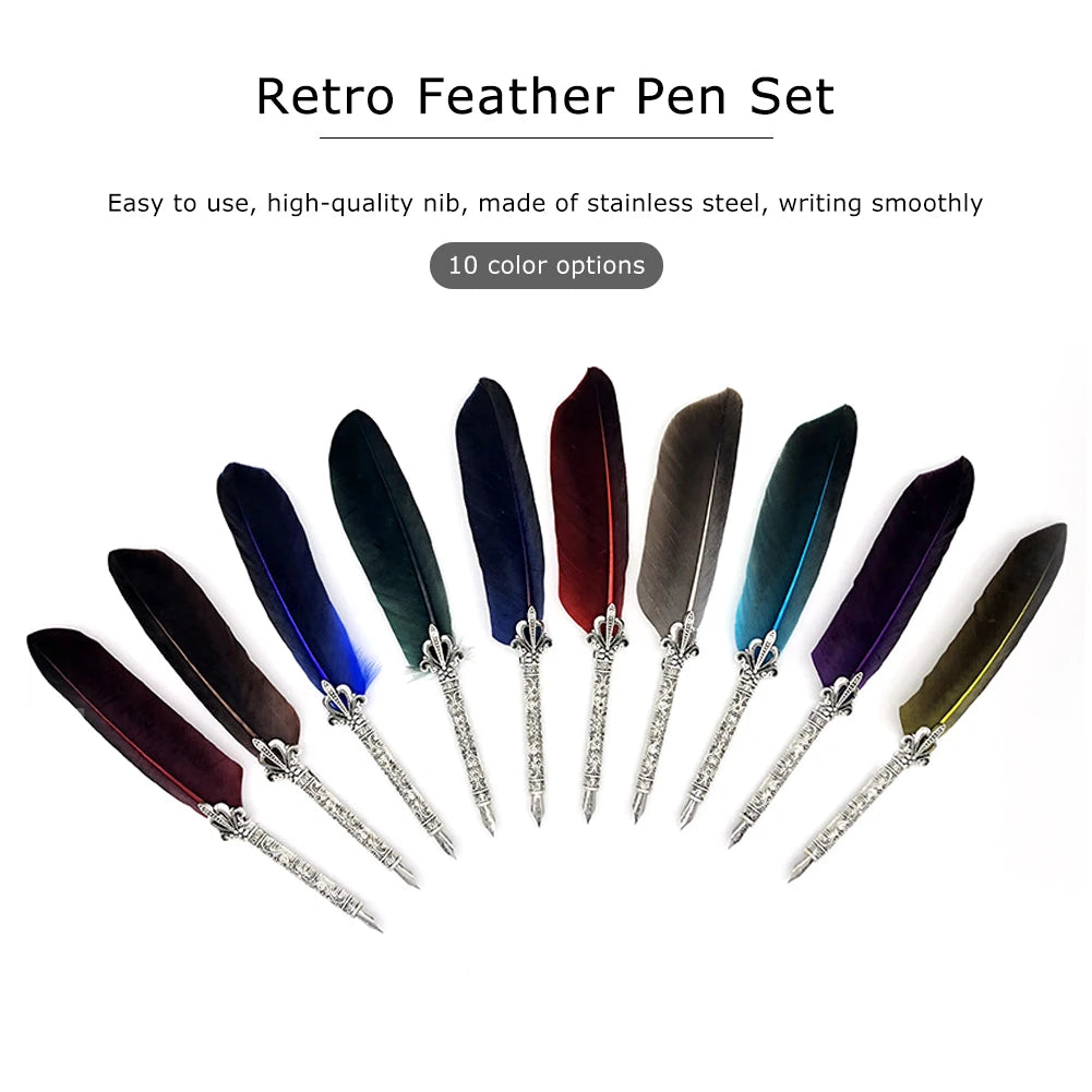 Feather Dip Pen Set with 5 Nibs & Ink – Vintage Calligraphy Writing Tool
