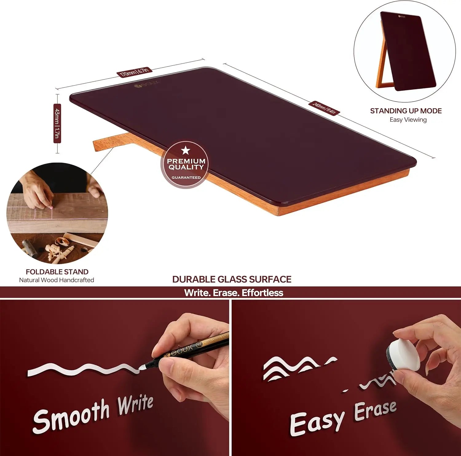 Glass Desk Whiteboard with Reversible Wood Stand – Small Portable Dry Erase Desktop Board
