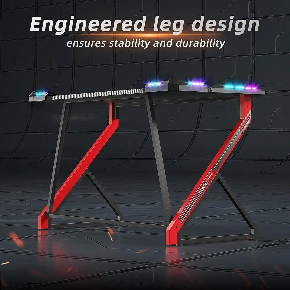 40″ Gaming Desk with LED Lights – Z-Shaped Gamer Workstation Table with Carbon Fiber Surface for PC & Accessories