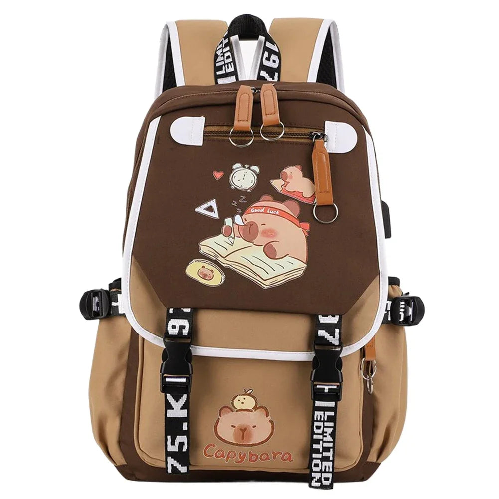 Capybara Flap Backpack with Pencil Case – Cute Nylon Animal Daypack for Teens
